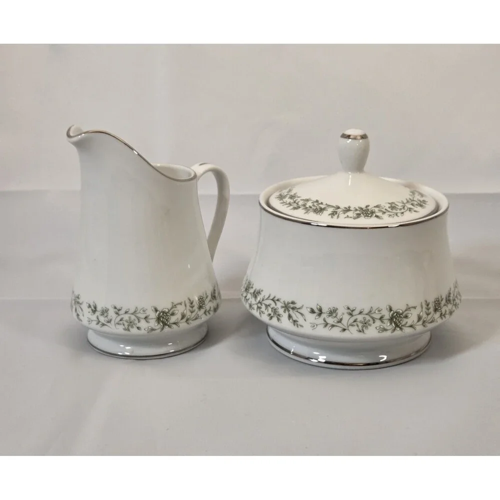 Vintage Mikasa Montclair G9059 Sugar Bowl w Lid & Creamer Set Japan Platinum‎